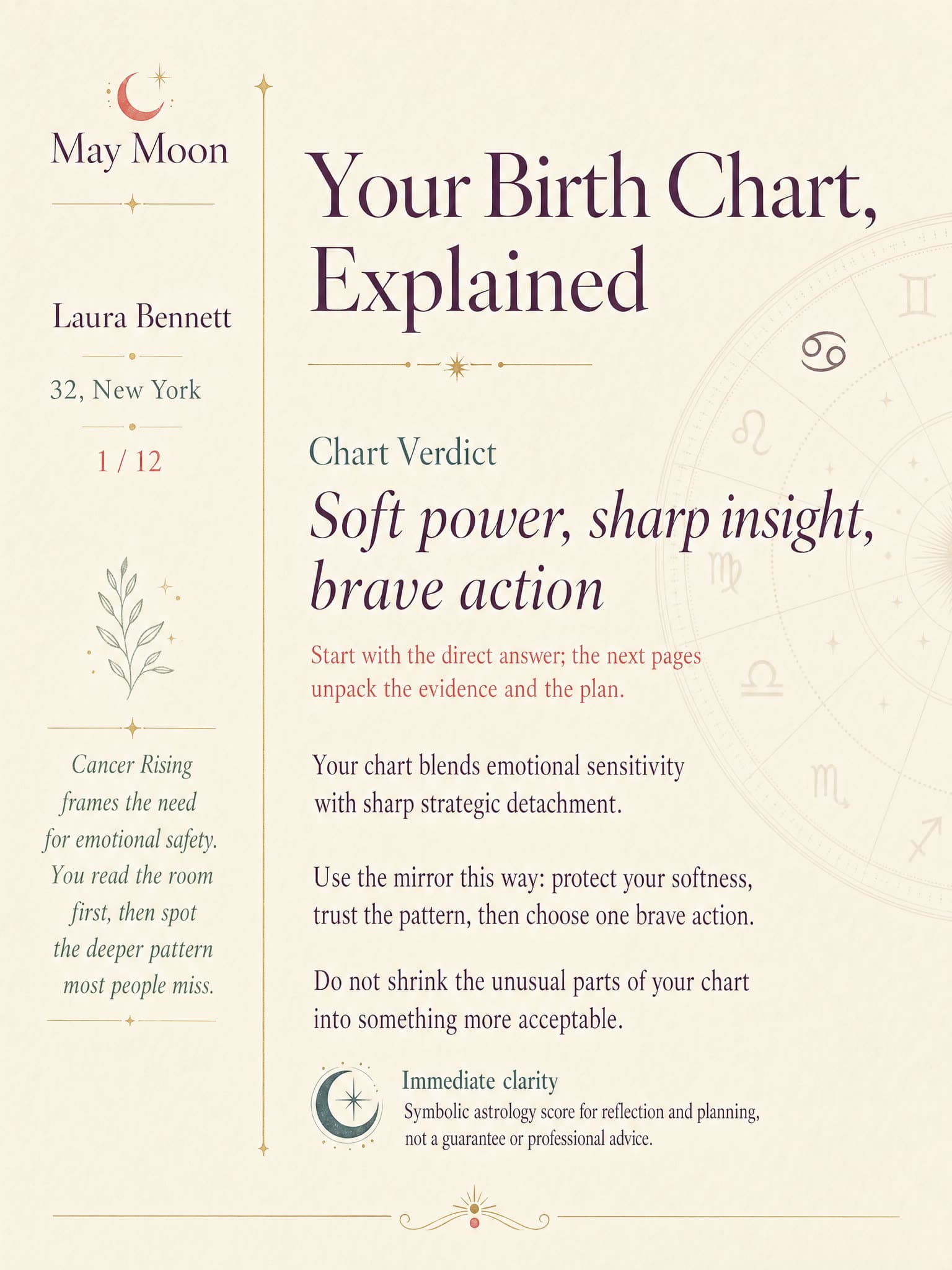 Real generated birth chart report preview page