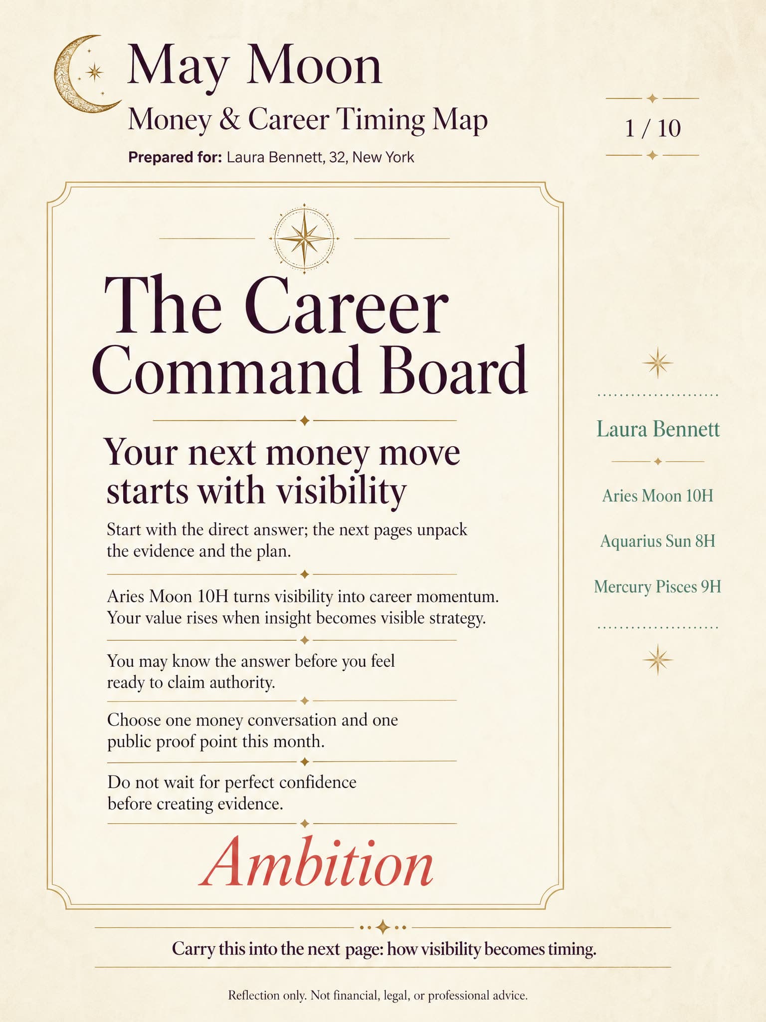Real generated money and career timing report preview page