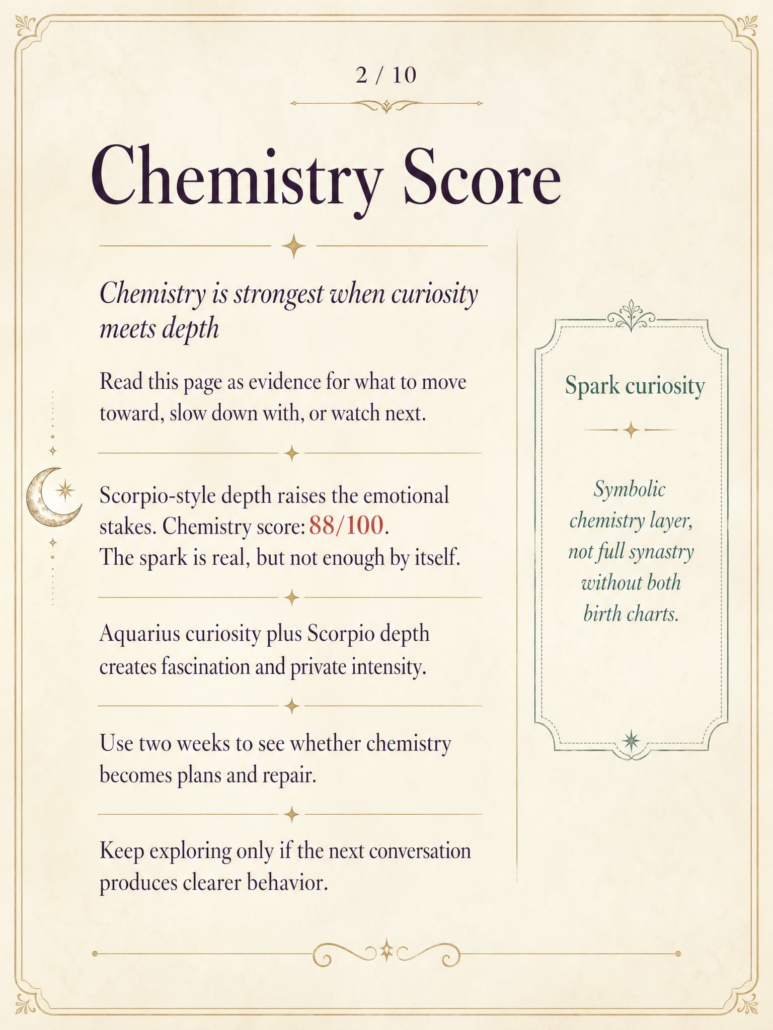 Chemistry Score page from the latest May Moon Zodiac Chemistry Match Report generated report preview.