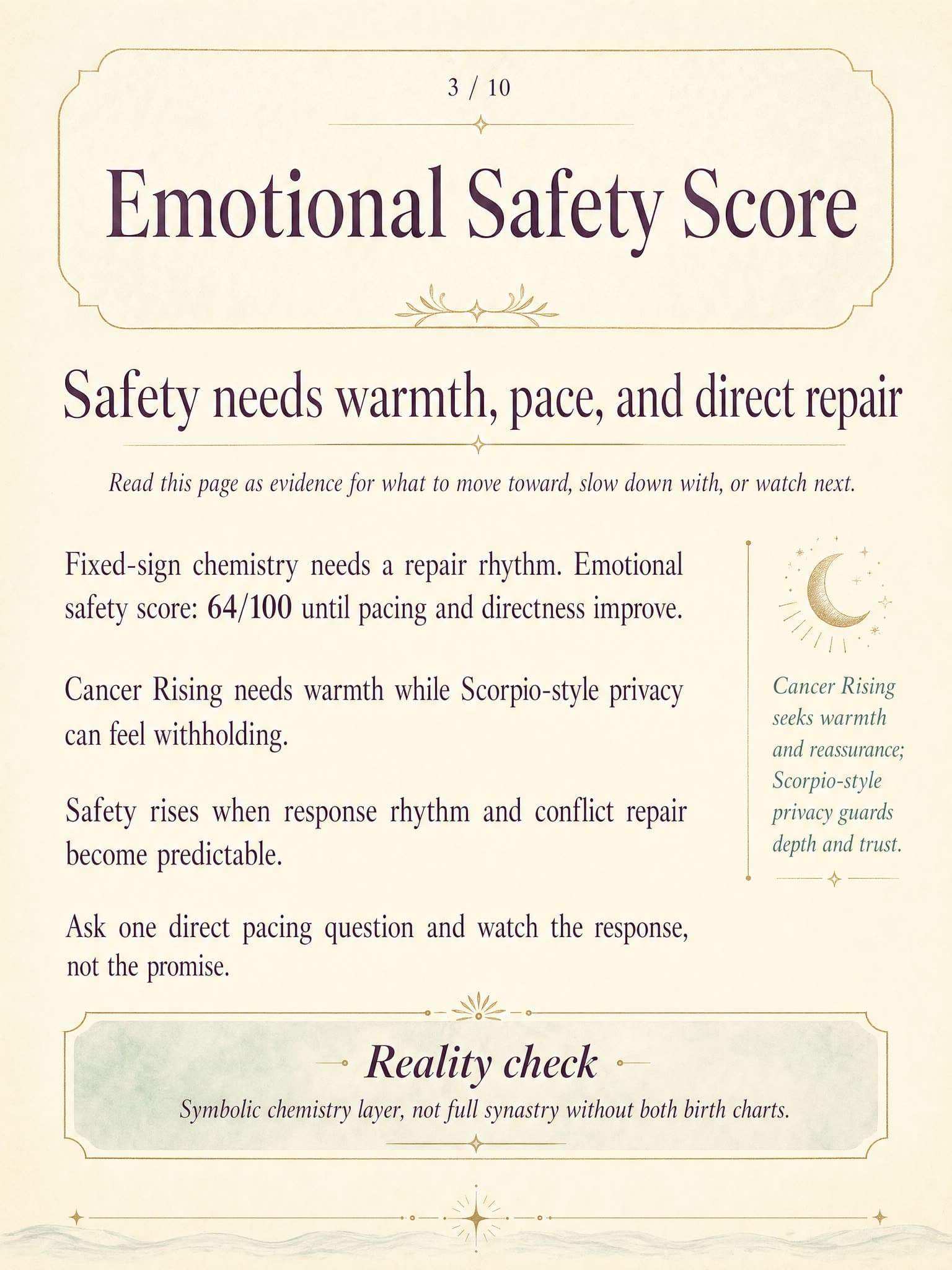Emotional Safety Score page from the latest May Moon Zodiac Chemistry Match Report generated report preview.