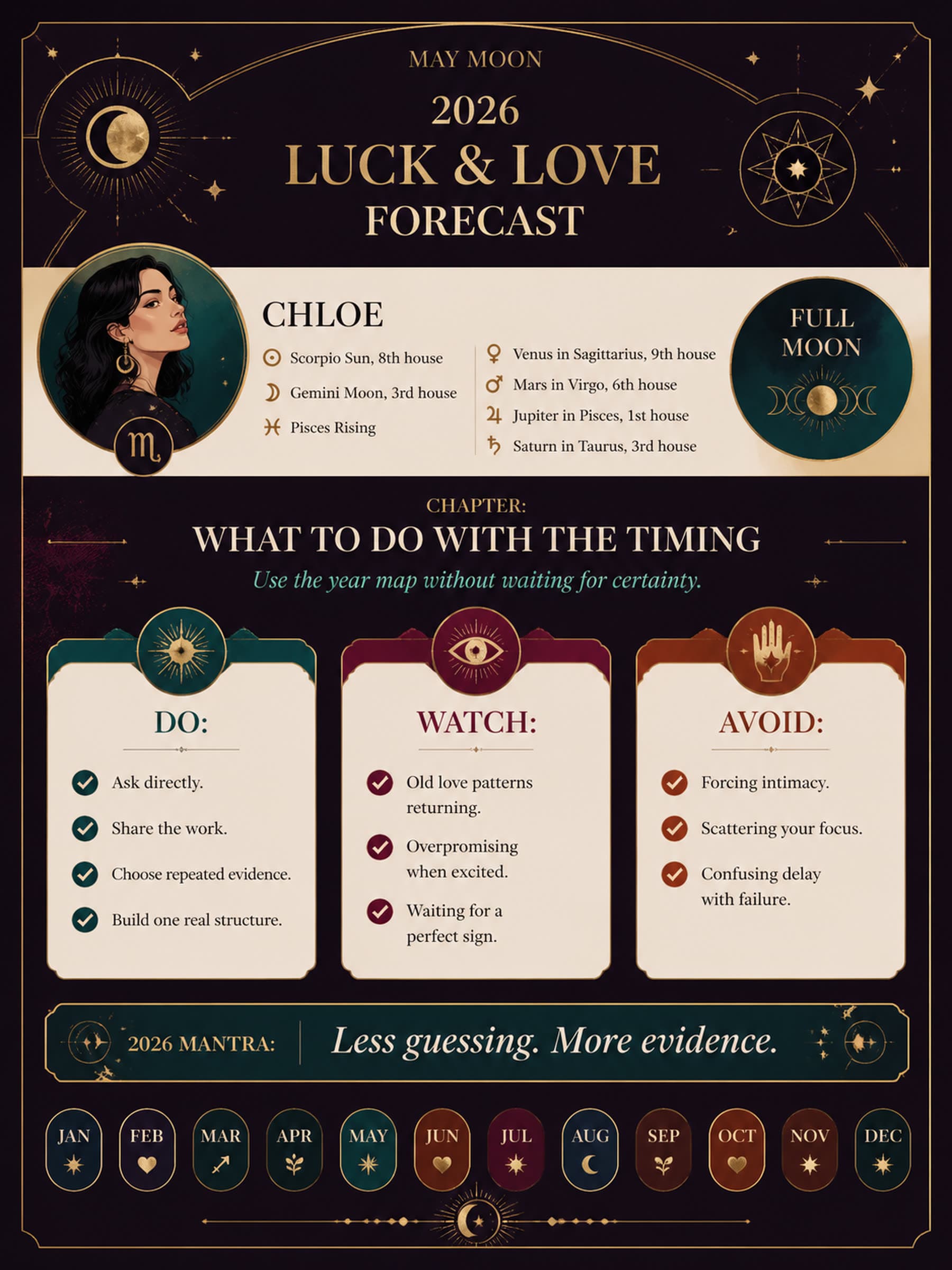 What To Do With The Timing for Chloe, a personalized May Moon visual report preview.