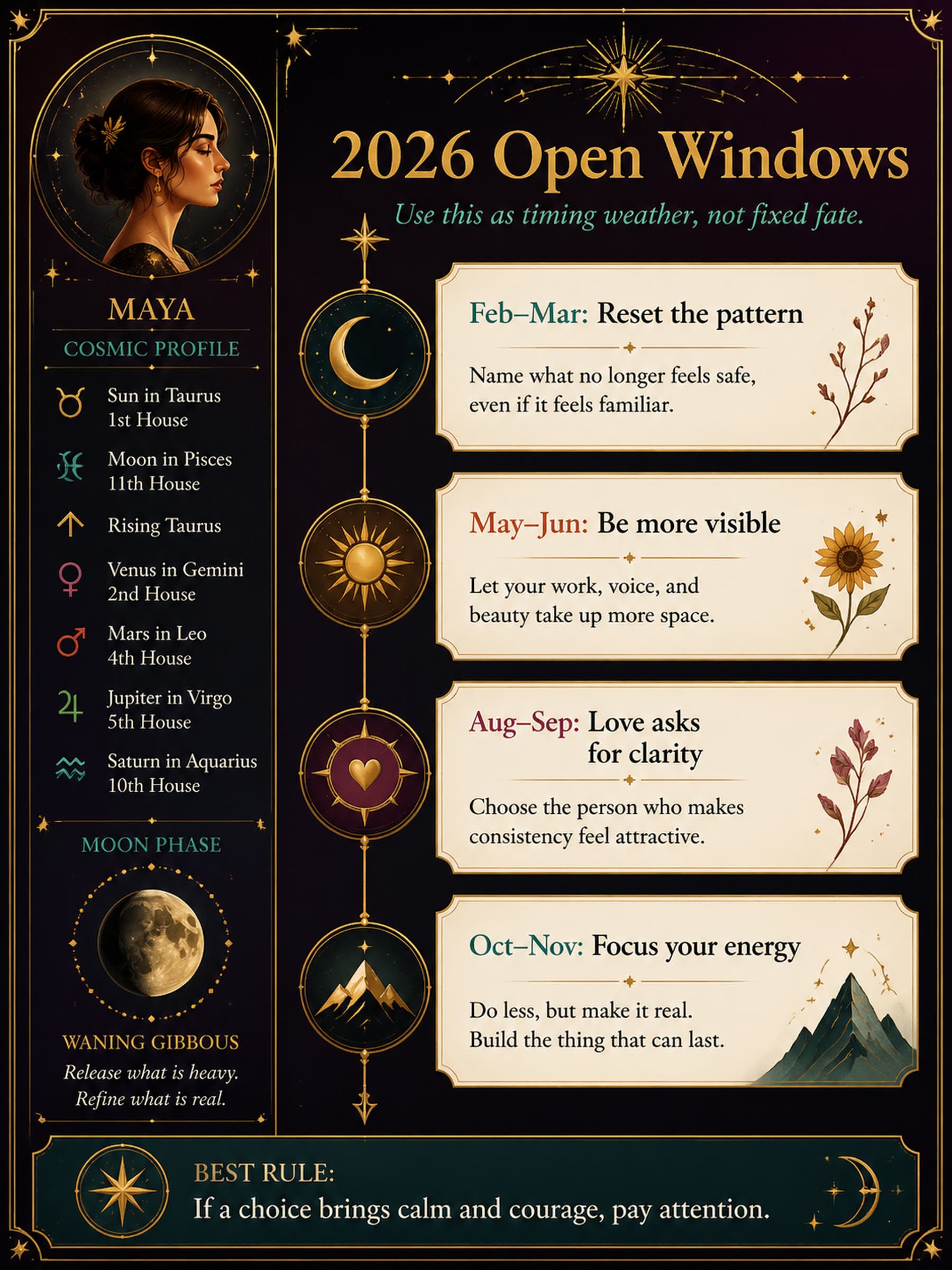 2026 Open Windows for Maya, a personalized May Moon visual report preview.