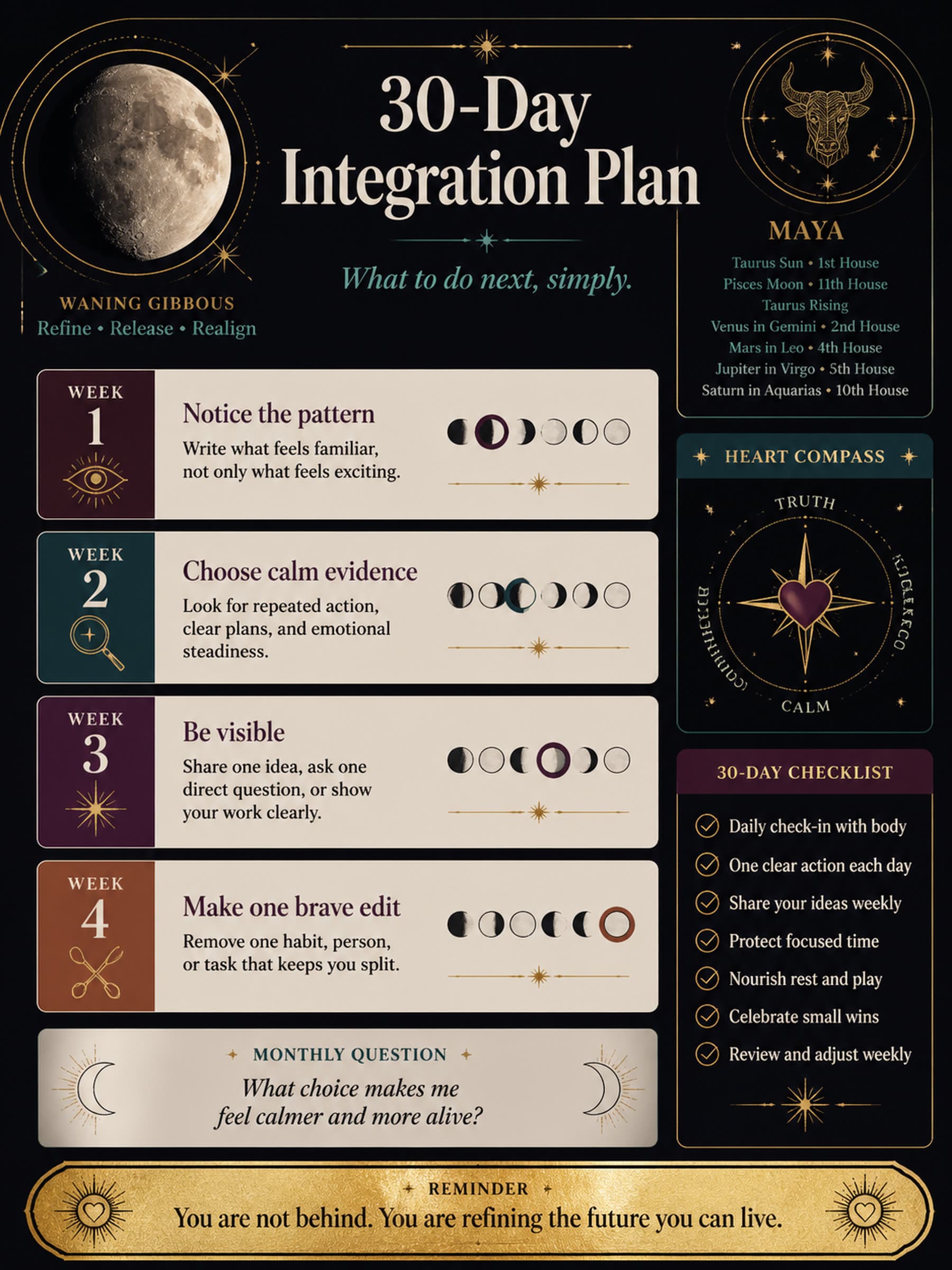 30-Day Integration Plan for Maya, a personalized May Moon visual report preview.
