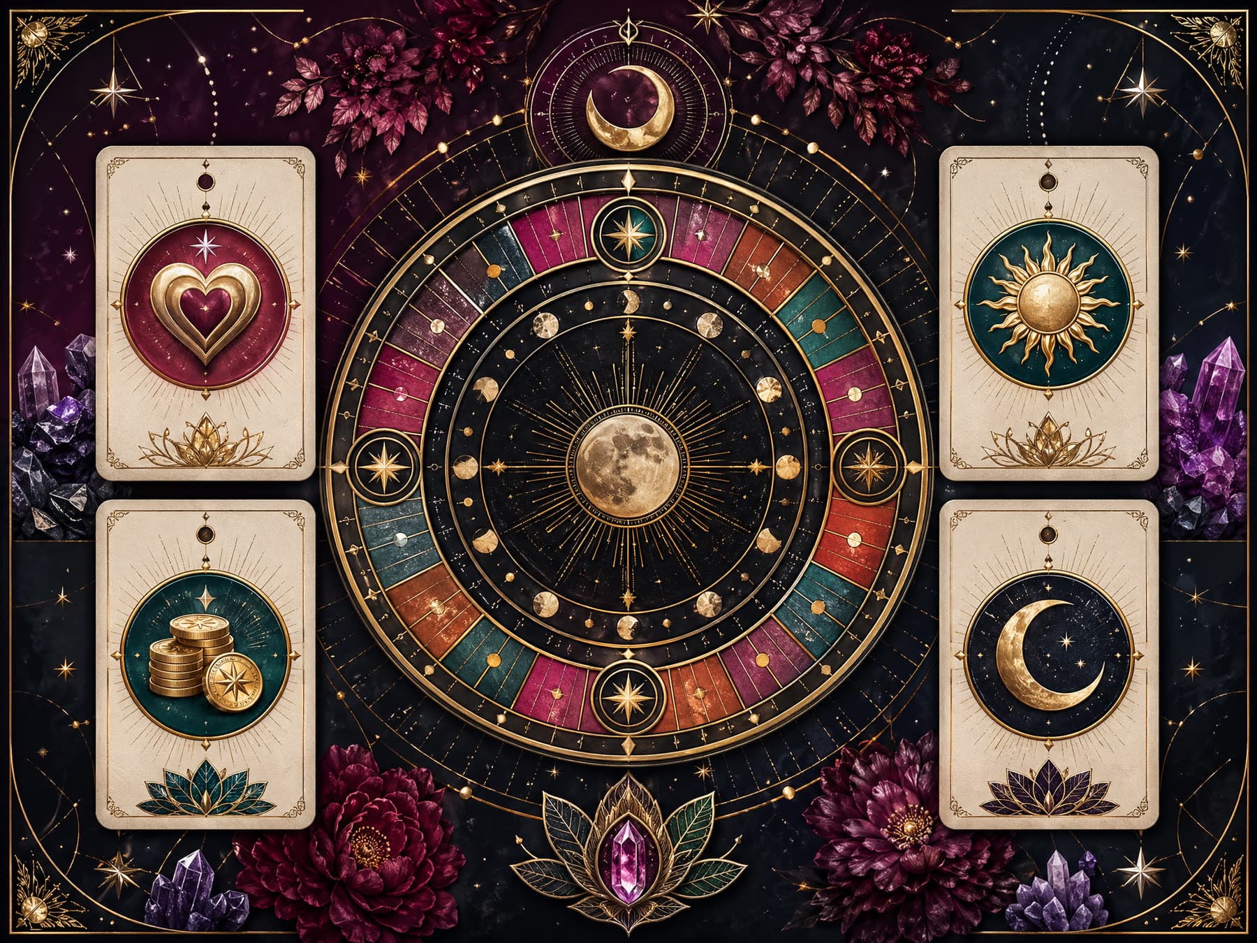 High-contrast 2026 Luck and Love Forecast artwork with timing windows and future-year symbols