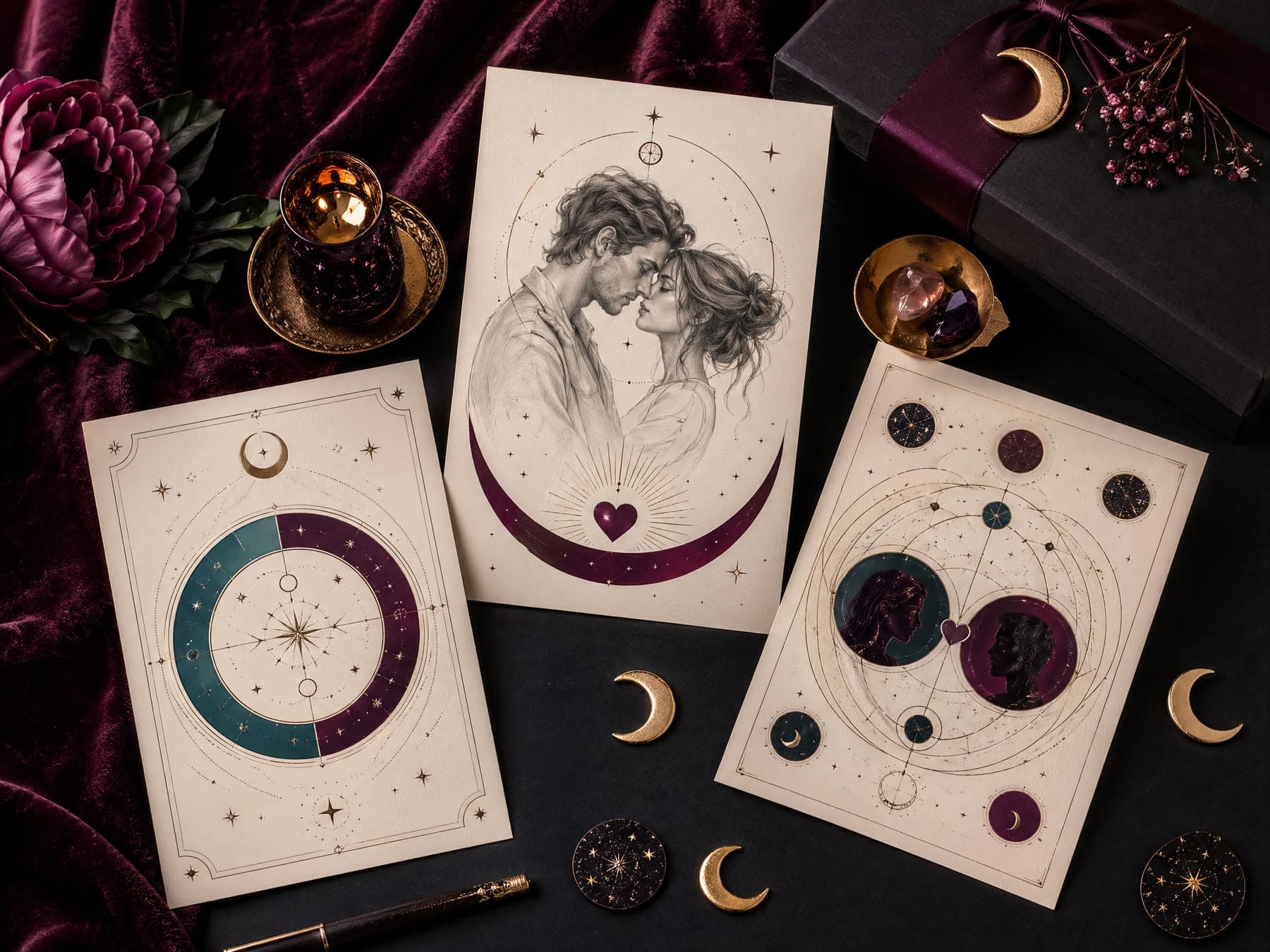 High-contrast Love Bundle artwork featuring a future-match portrait, love pattern card, and compatibility reveal