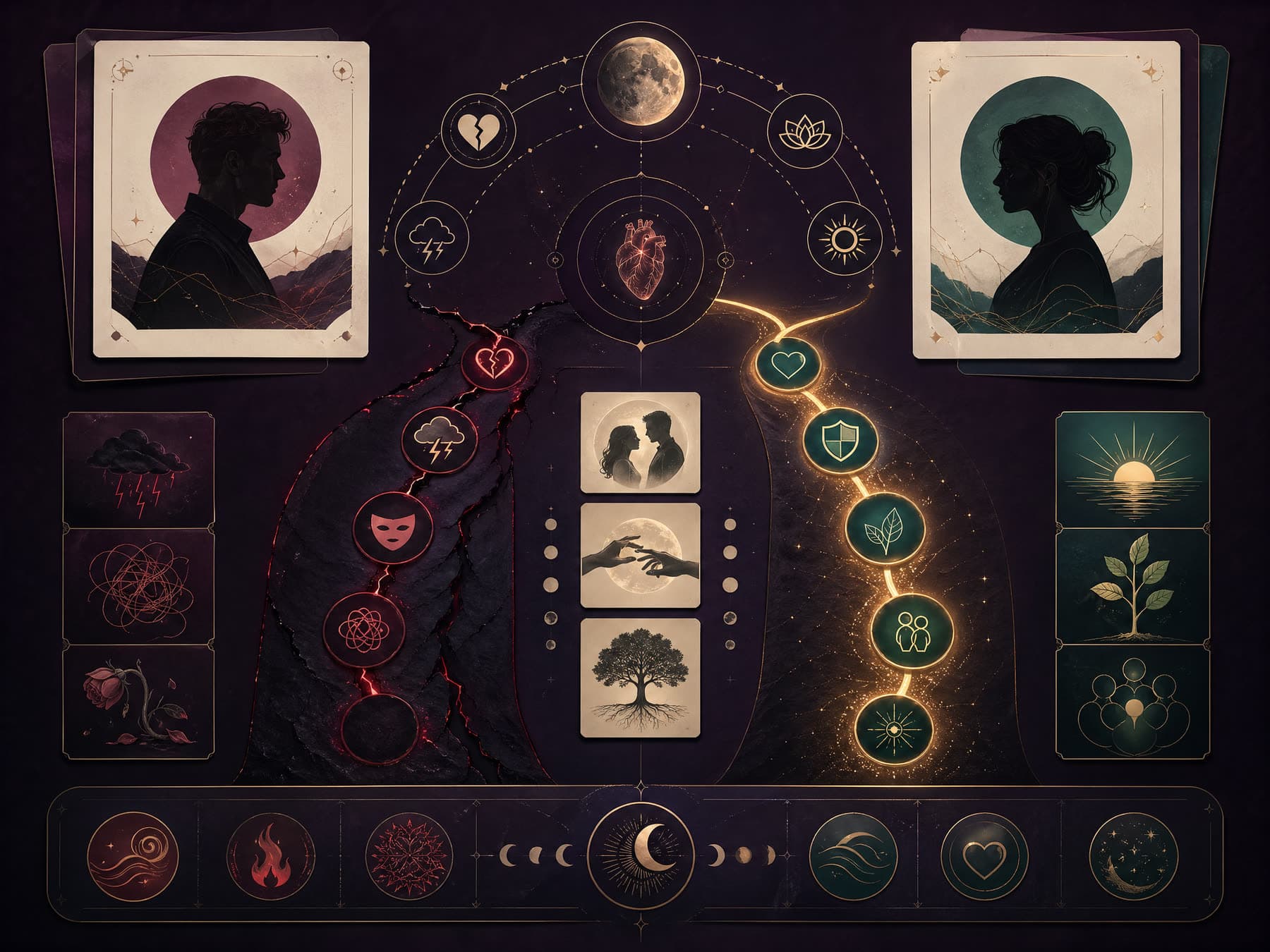 High-contrast Love Pattern Report artwork with relationship paths, green flag symbols, and compatibility cues