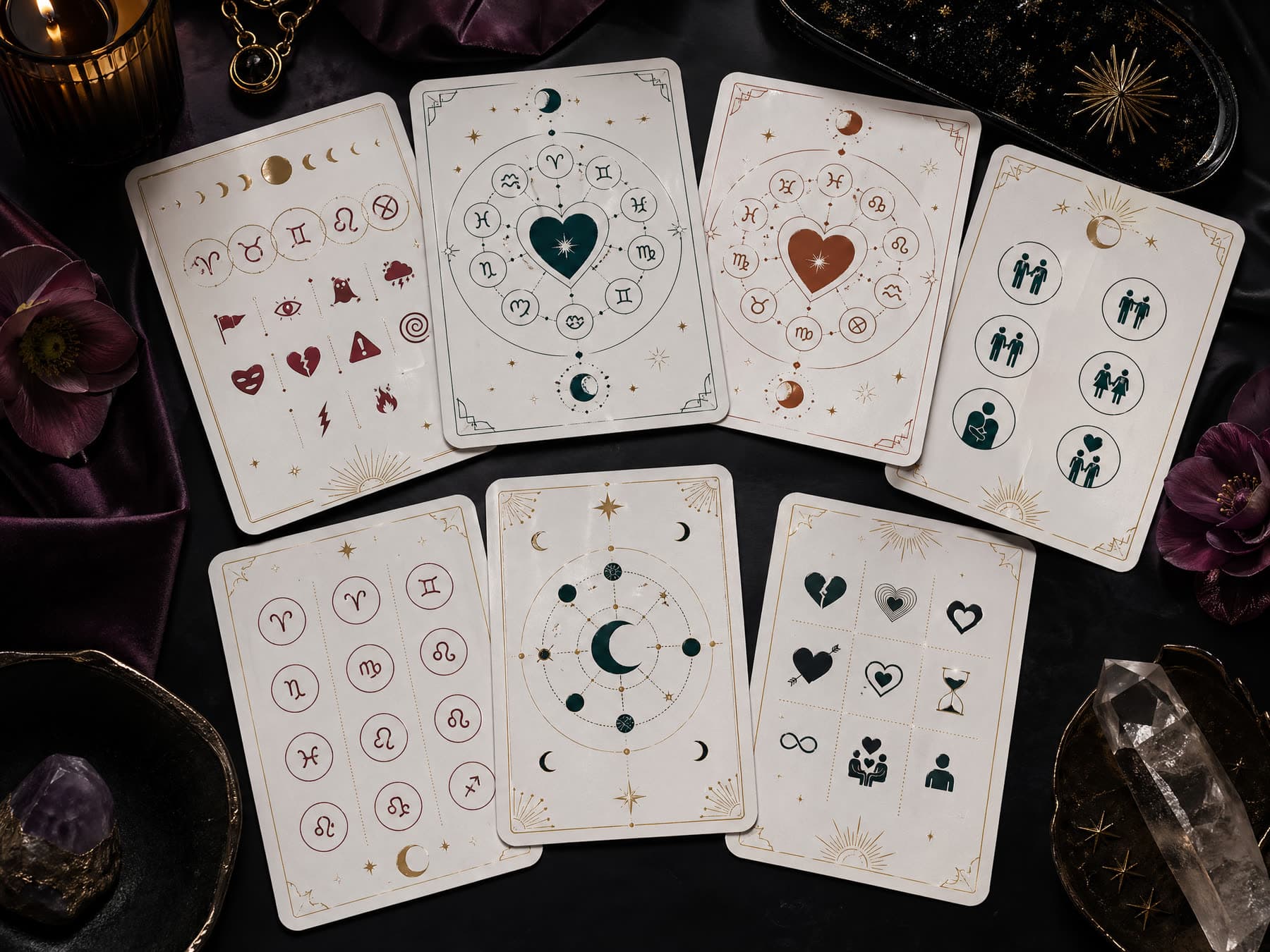 High-contrast mini guide artwork with astrology dating cue cards