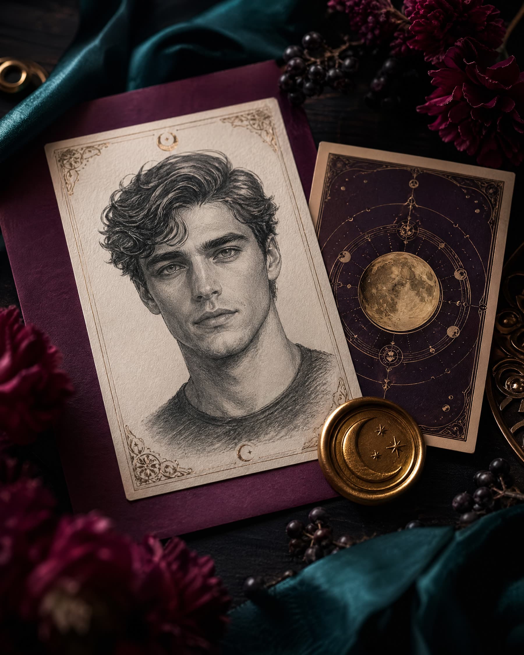 High-contrast Soulmate Reveal artwork with a fictional pencil portrait and compatibility card