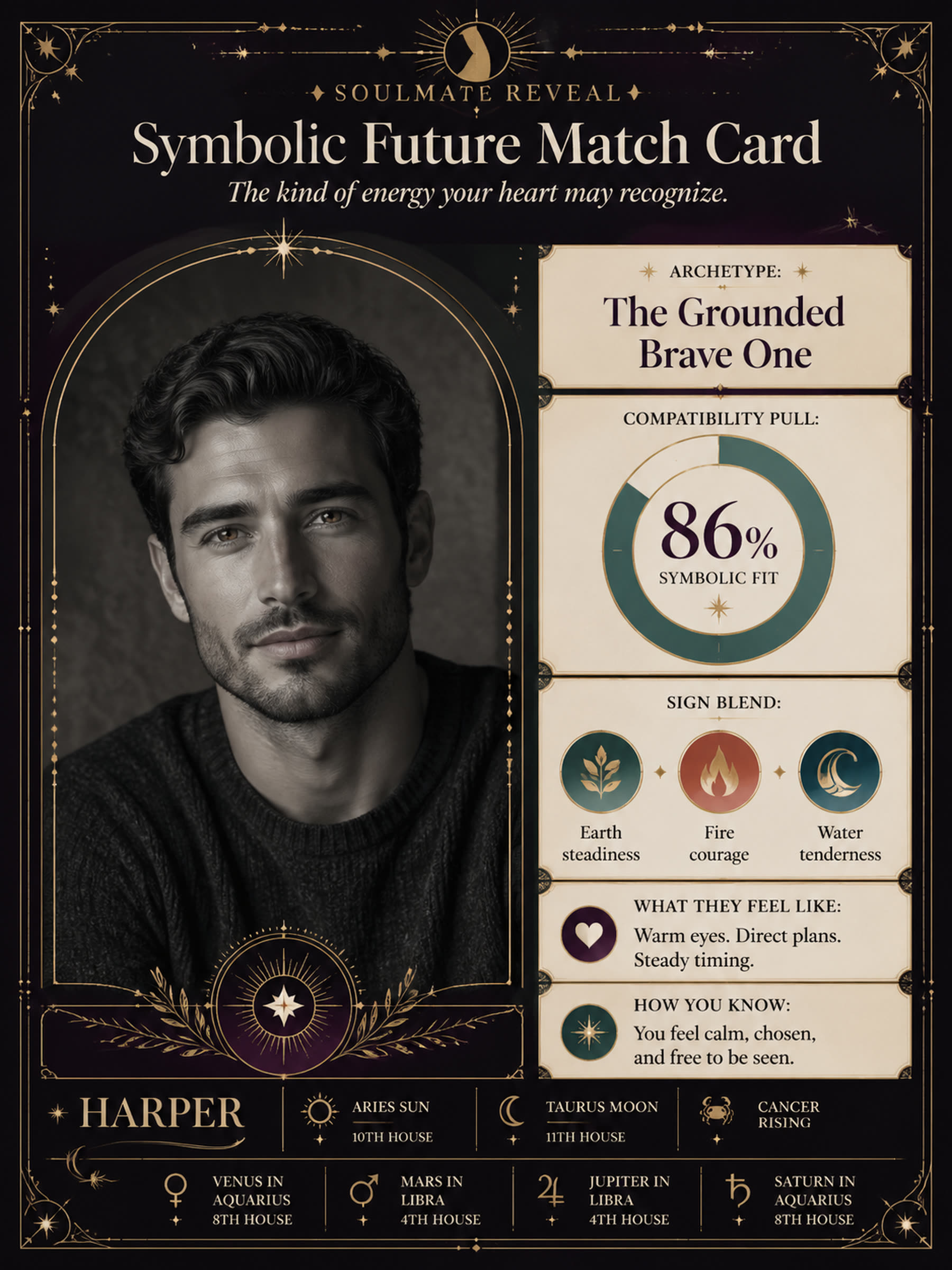 Real generated Soulmate Reveal sample card with portrait, compatibility pull, and sign blend